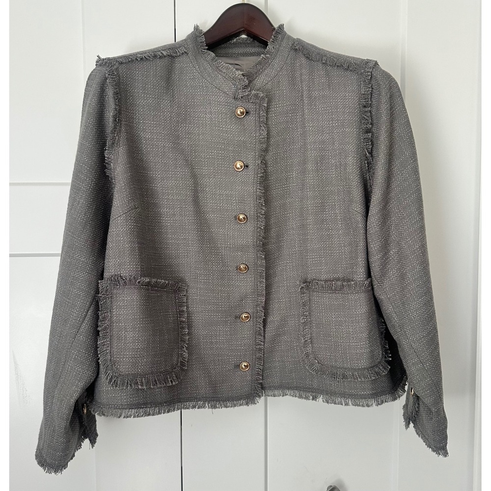 LOGO Lori Goldstein Grey Fringe‎ Trim Tweed Button Front Jacket Gold Buttons 2X